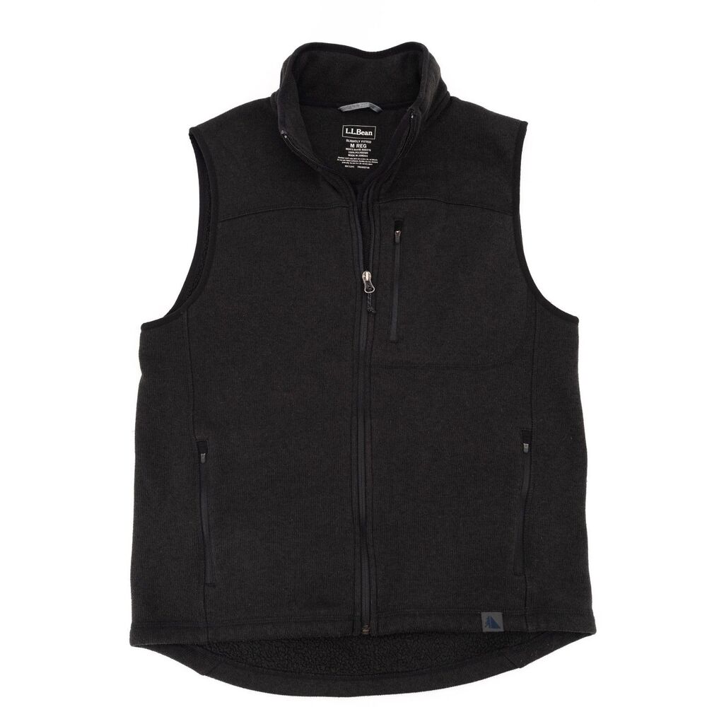 LL Bean Mens M Vest Black Full Zip Fleece Slightly Fitted Zippered Pockets